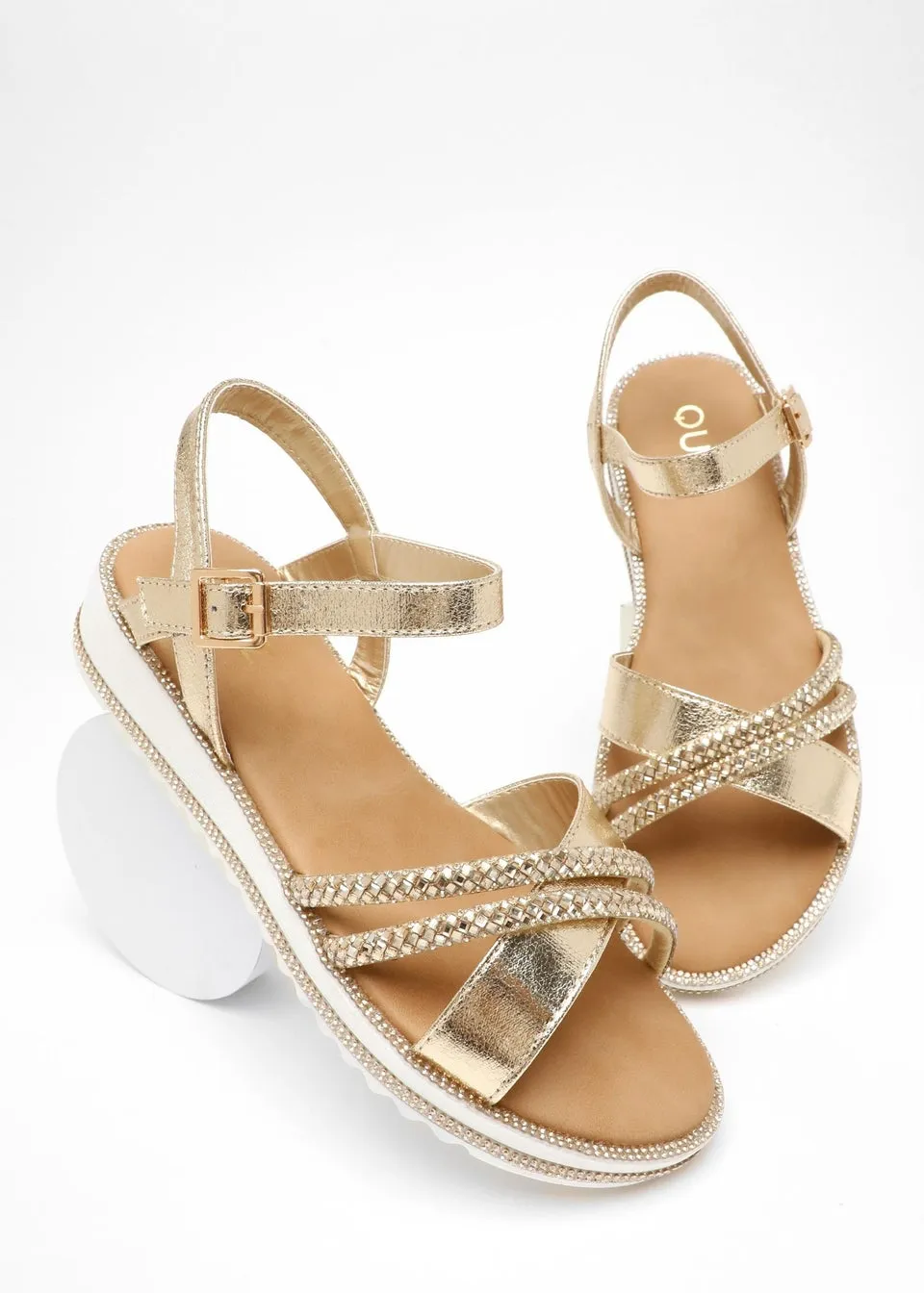 Quiz Gold Foil Diamante Cross Strap Sandals