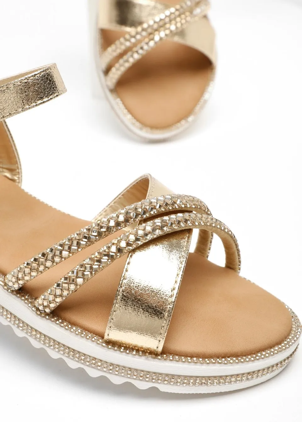 Quiz Gold Foil Diamante Cross Strap Sandals