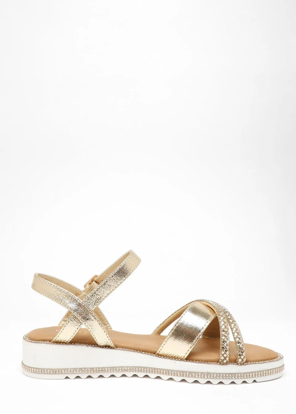 Quiz Gold Foil Diamante Cross Strap Sandals