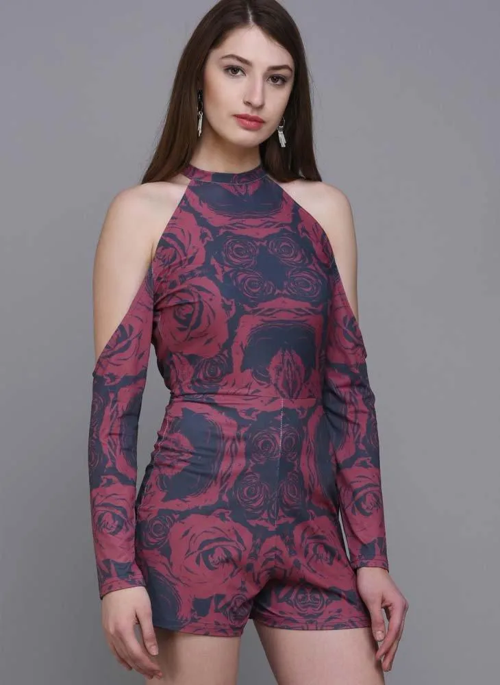 Rose Printed  Cold Shoulder Romper