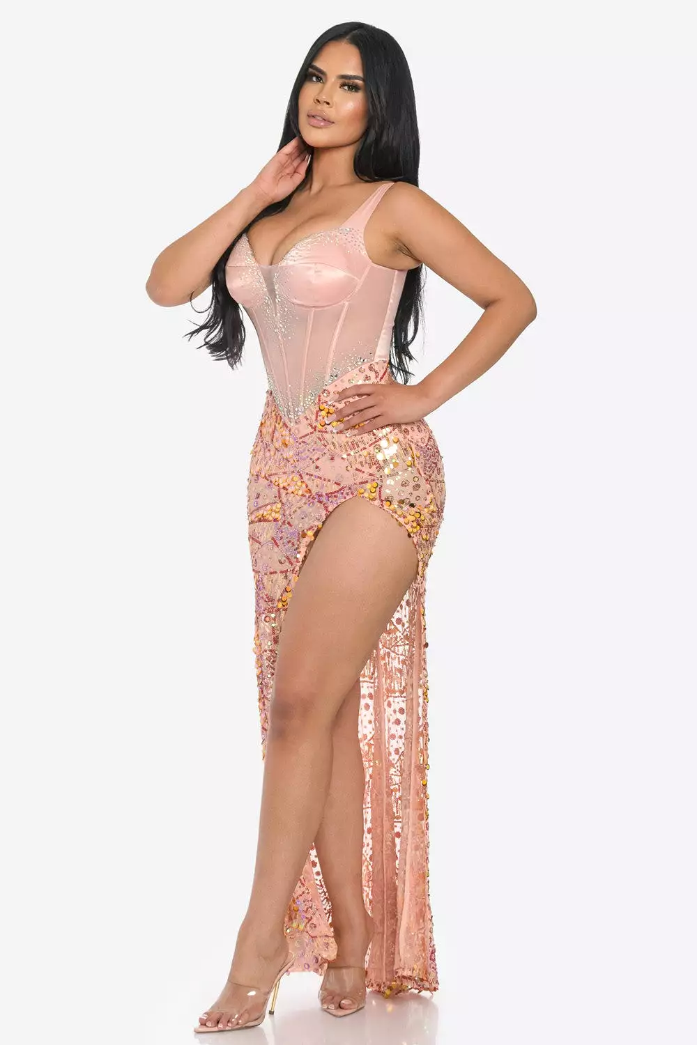 SATIN BUSTIER SEQUIN MAXI DRESS