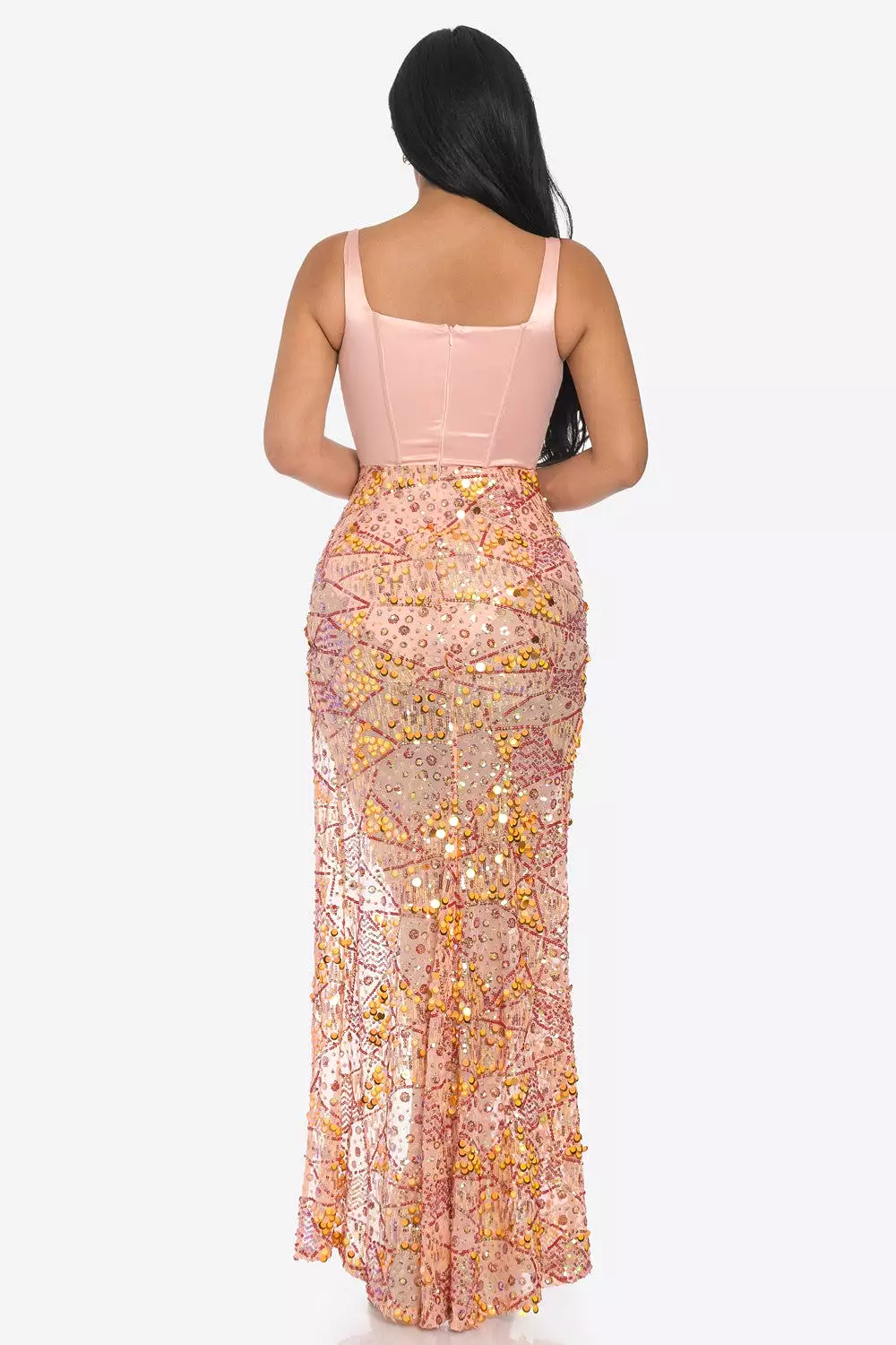 SATIN BUSTIER SEQUIN MAXI DRESS