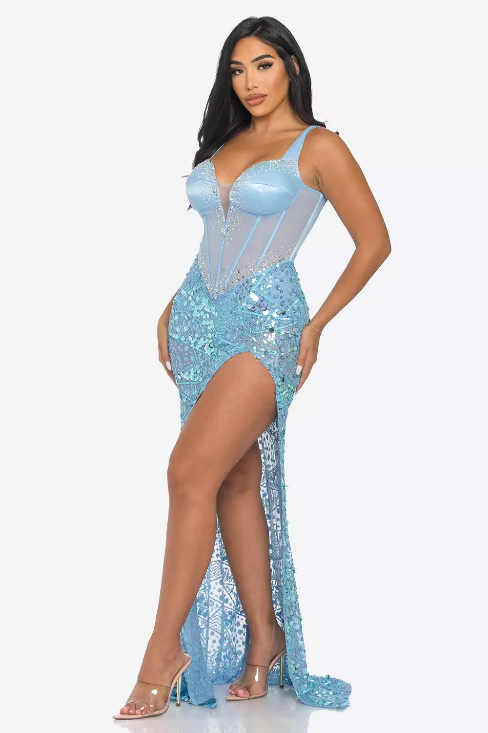 SATIN BUSTIER SEQUIN MAXI DRESS