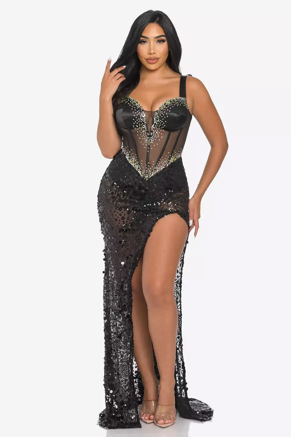 SATIN BUSTIER SEQUIN MAXI DRESS