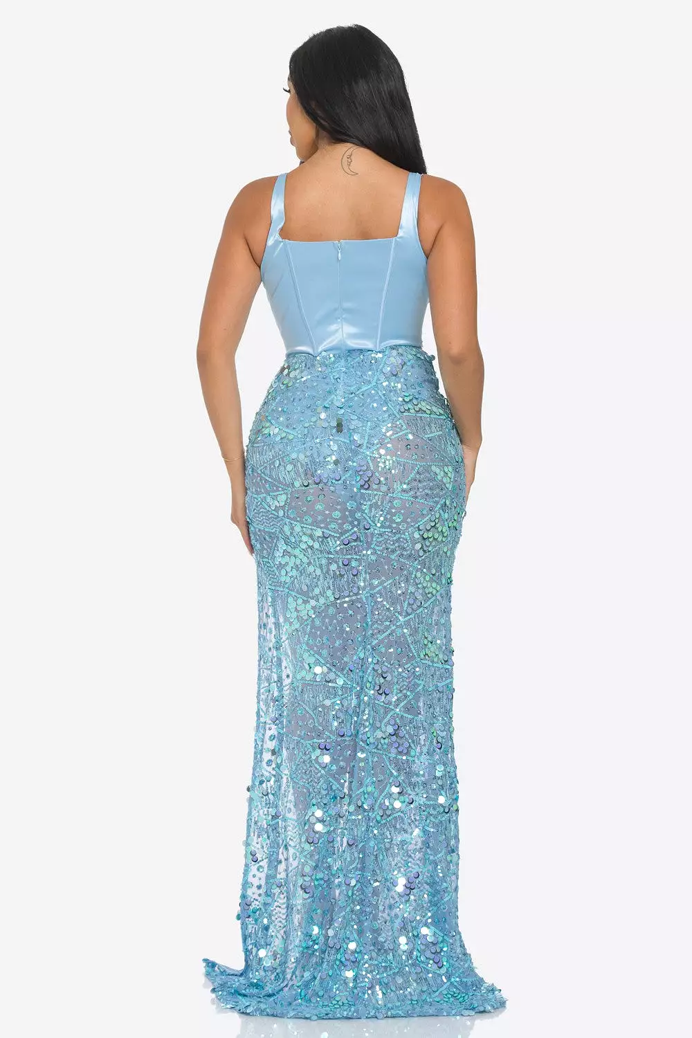 SATIN BUSTIER SEQUIN MAXI DRESS