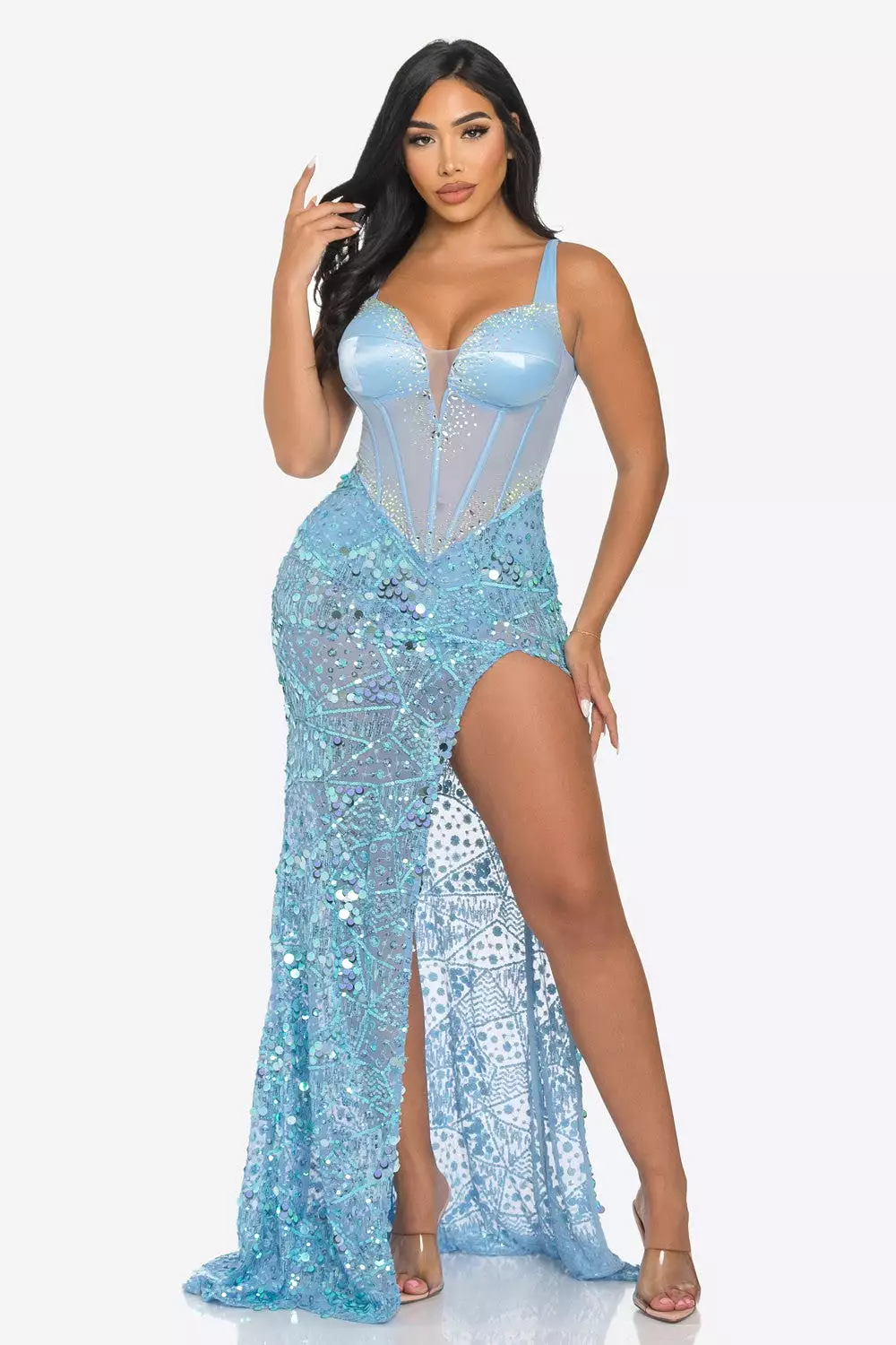 SATIN BUSTIER SEQUIN MAXI DRESS