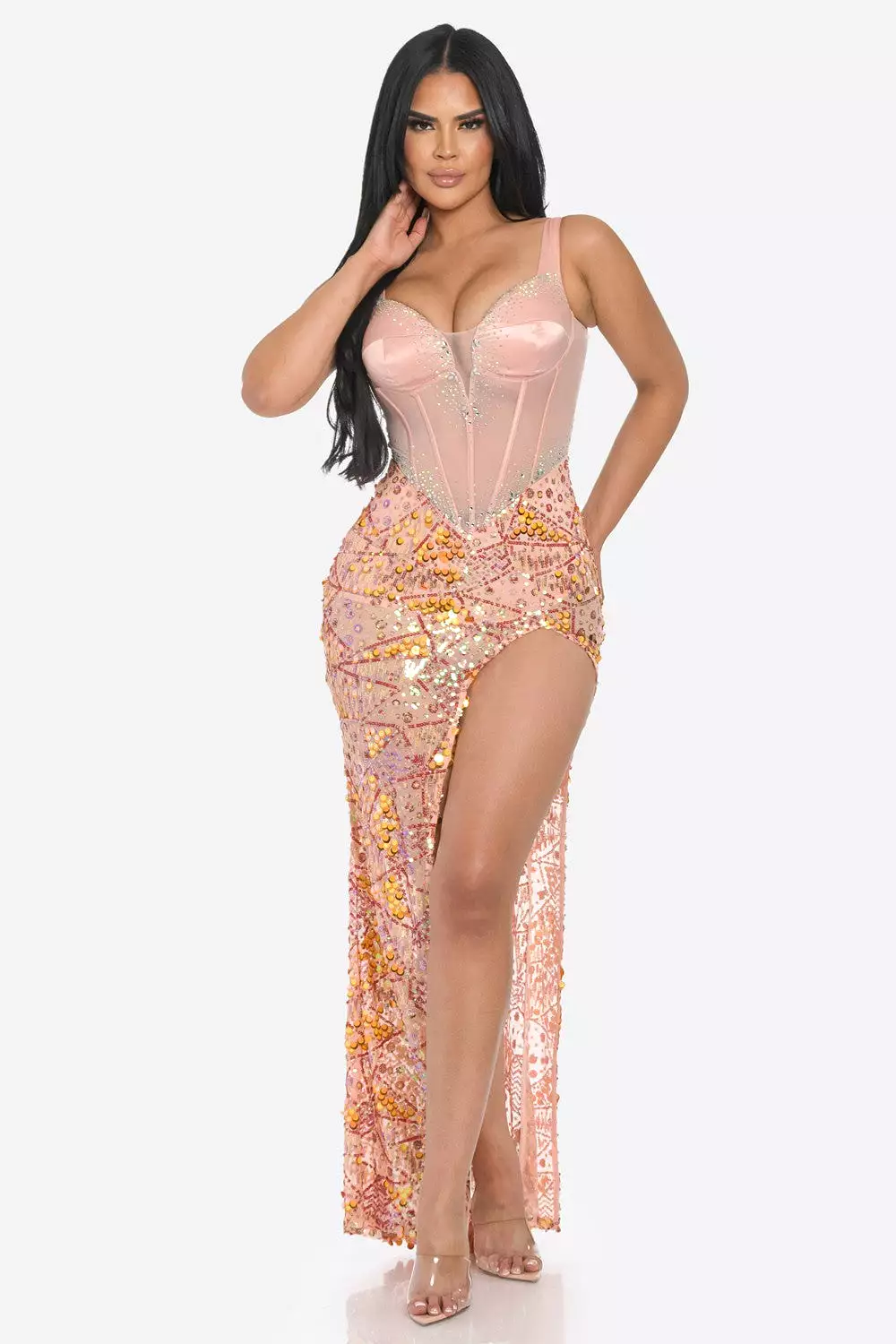 SATIN BUSTIER SEQUIN MAXI DRESS