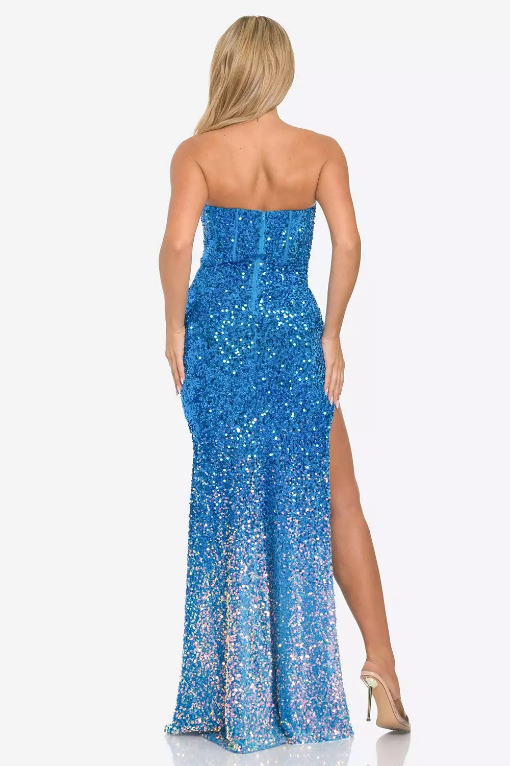 SEQUIN BUSTIER OFF SHOULDER MAXI DRESS