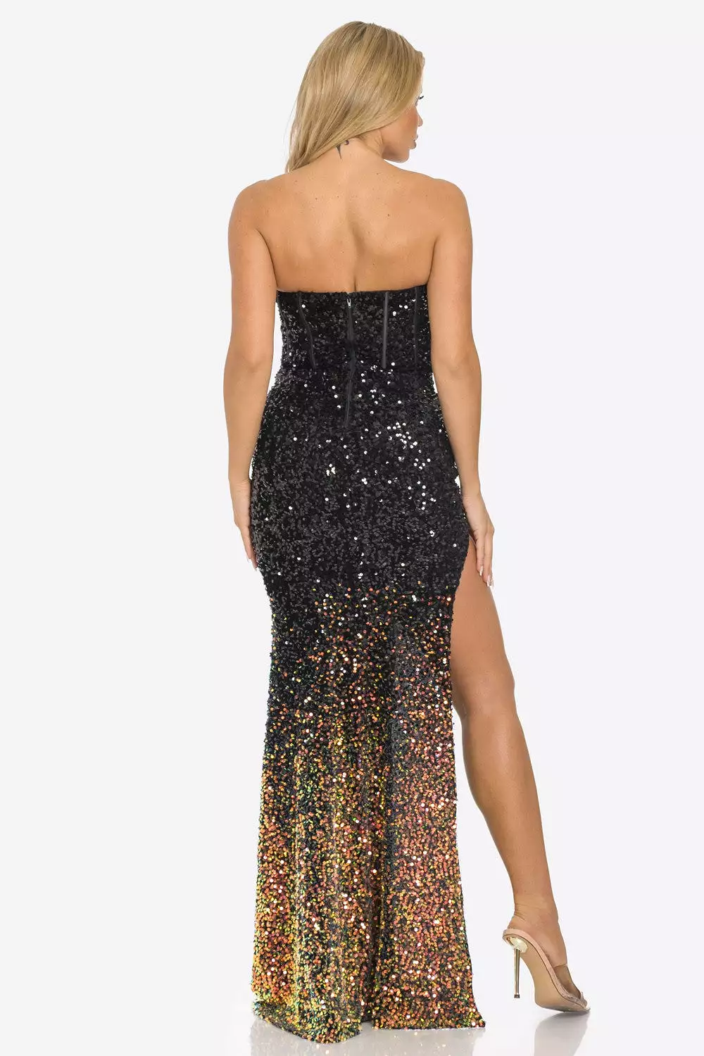 SEQUIN BUSTIER OFF SHOULDER MAXI DRESS