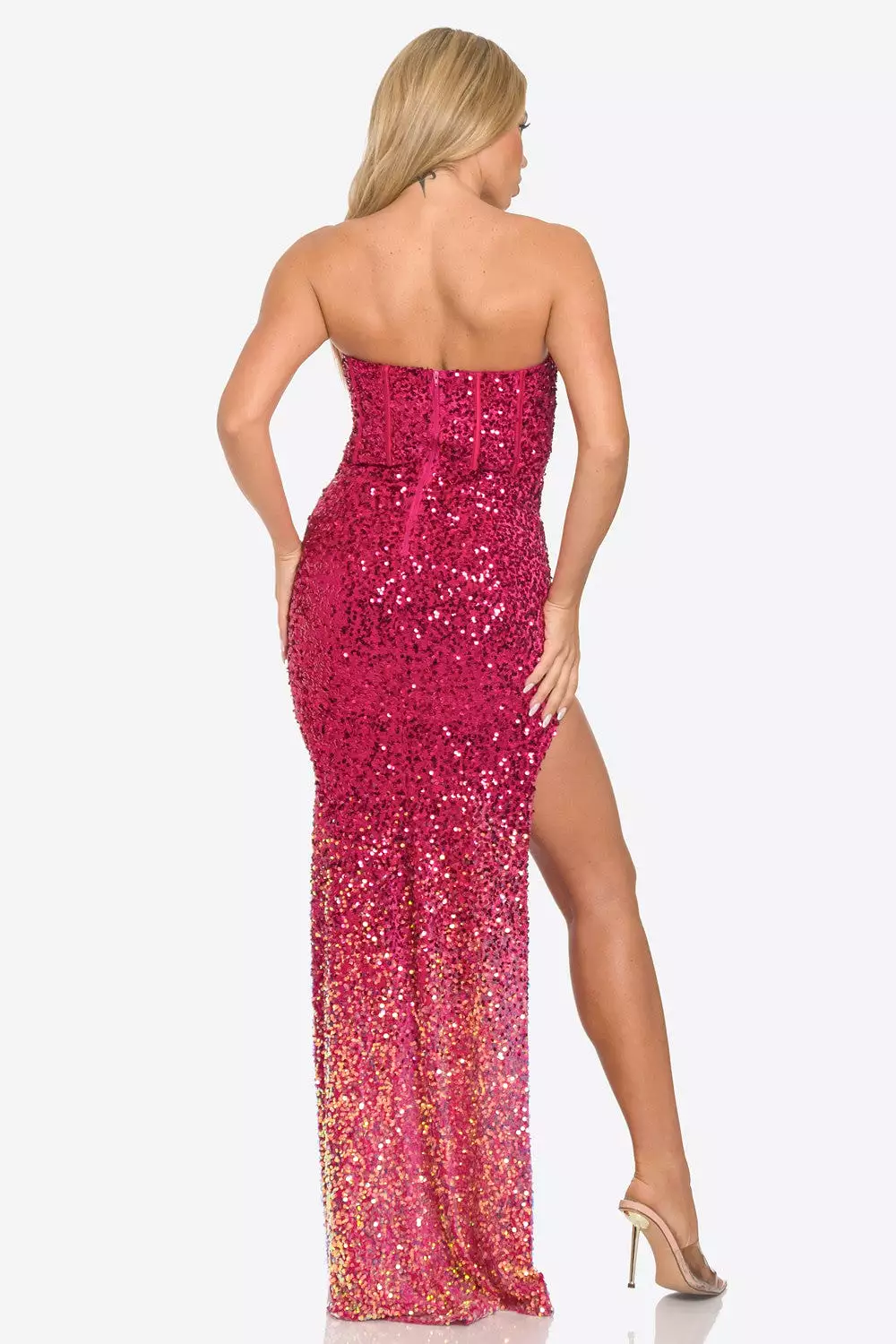 SEQUIN BUSTIER OFF SHOULDER MAXI DRESS