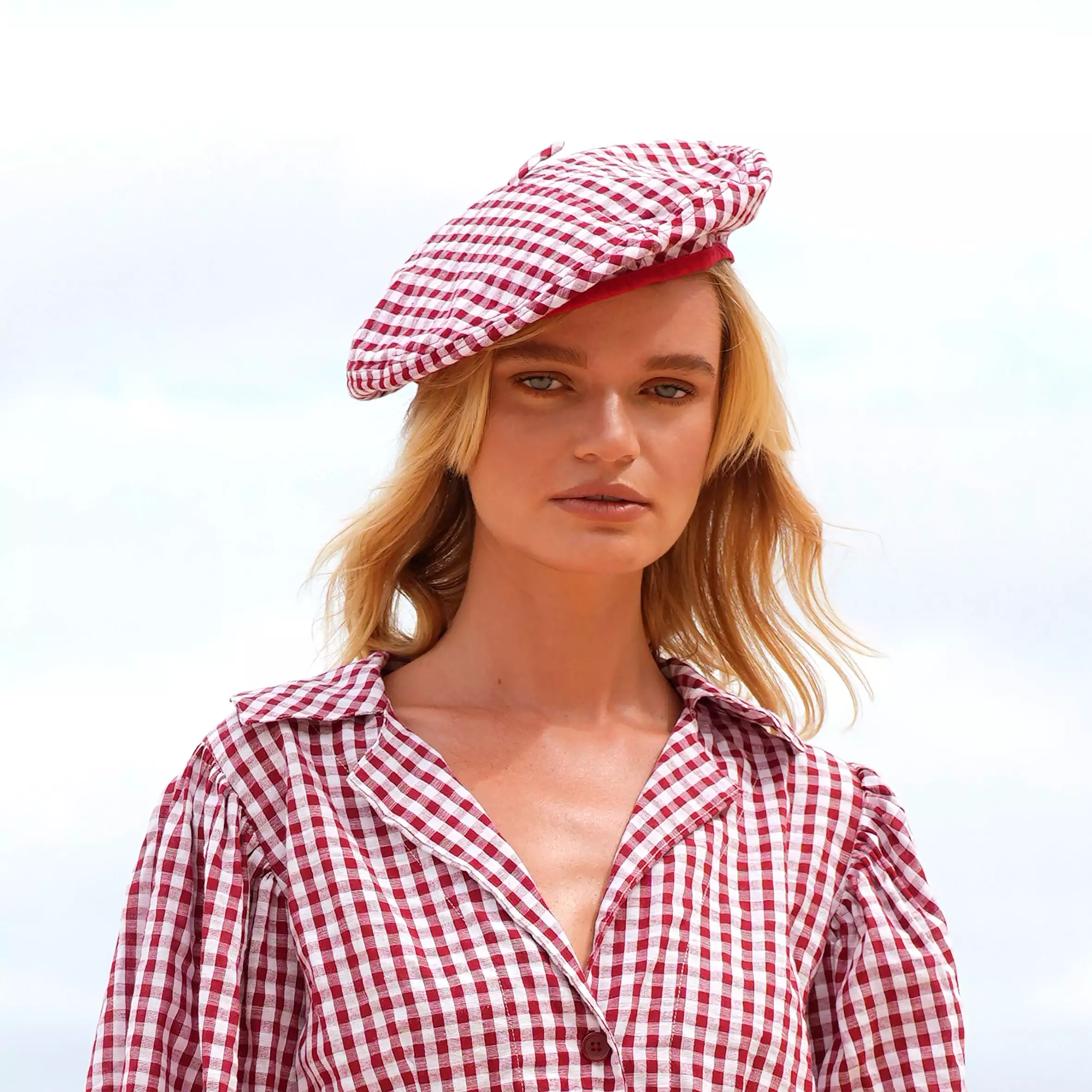 SIMONE Gingham Beret Hat, in Red