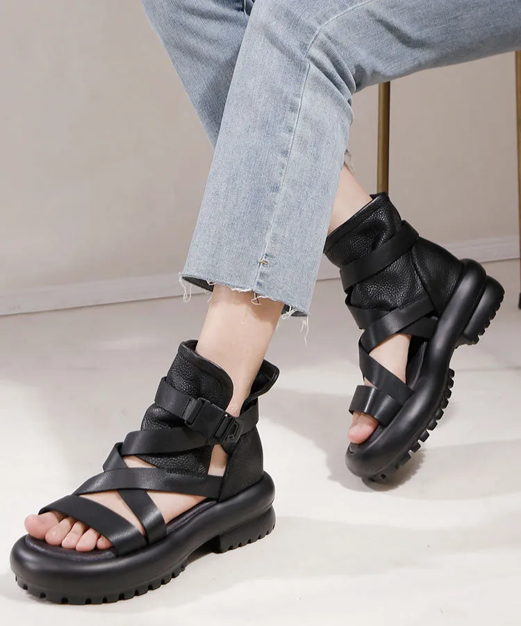 Soft Black Chunky Cowhide Leather Cross Strap Sandals