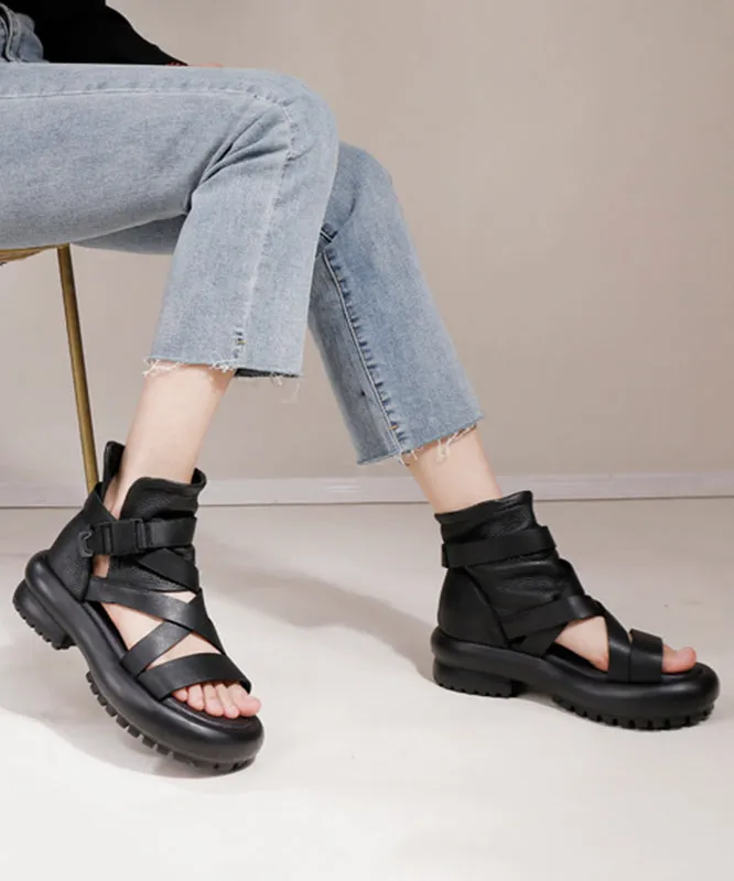 Soft Black Chunky Cowhide Leather Cross Strap Sandals