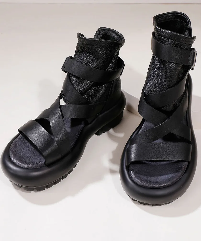 Soft Black Chunky Cowhide Leather Cross Strap Sandals