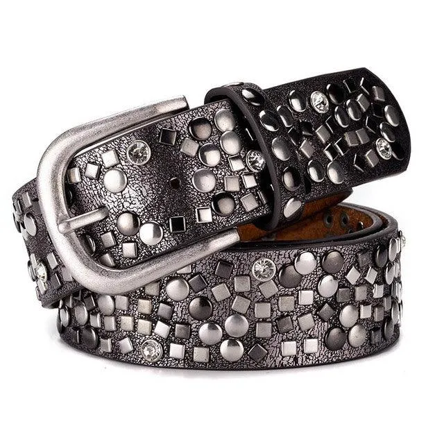 Split Leather PU Rivet Belt Rhinestone Studded