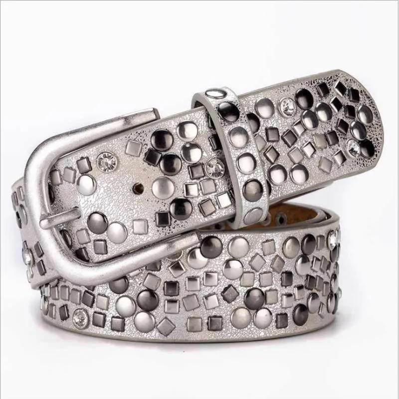 Split Leather PU Rivet Belt Rhinestone Studded