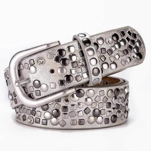 Split Leather PU Rivet Belt Rhinestone Studded