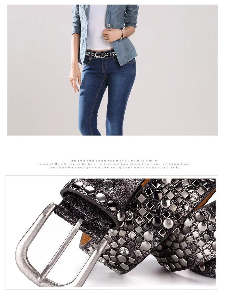 Split Leather PU Rivet Belt Rhinestone Studded