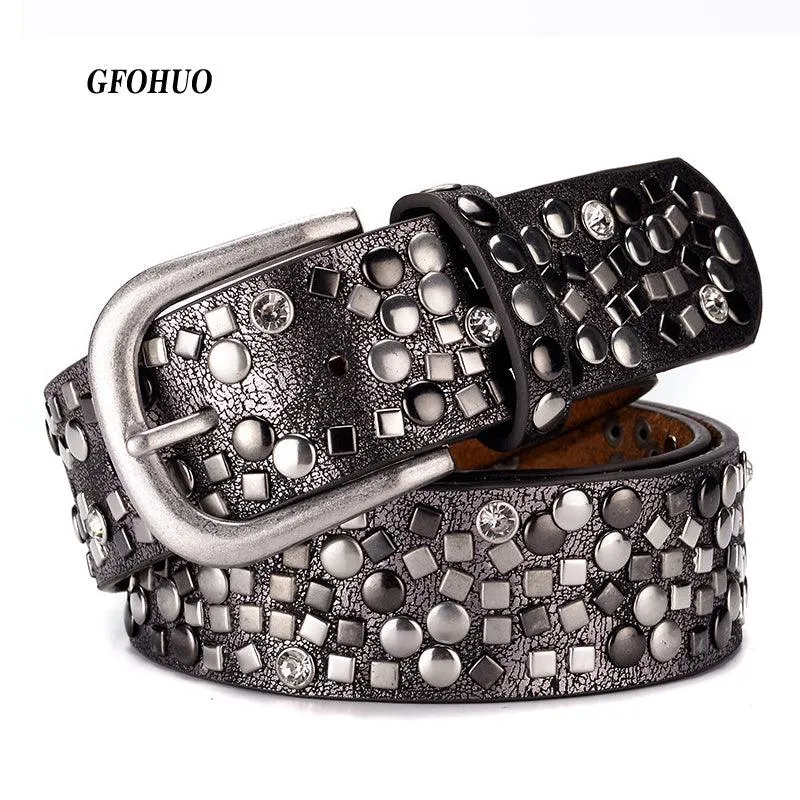 Split Leather PU Rivet Belt Rhinestone Studded