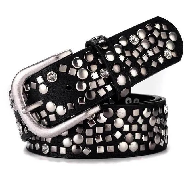 Split Leather PU Rivet Belt Rhinestone Studded