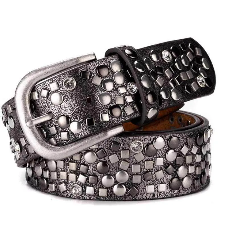 Split Leather PU Rivet Belt Rhinestone Studded