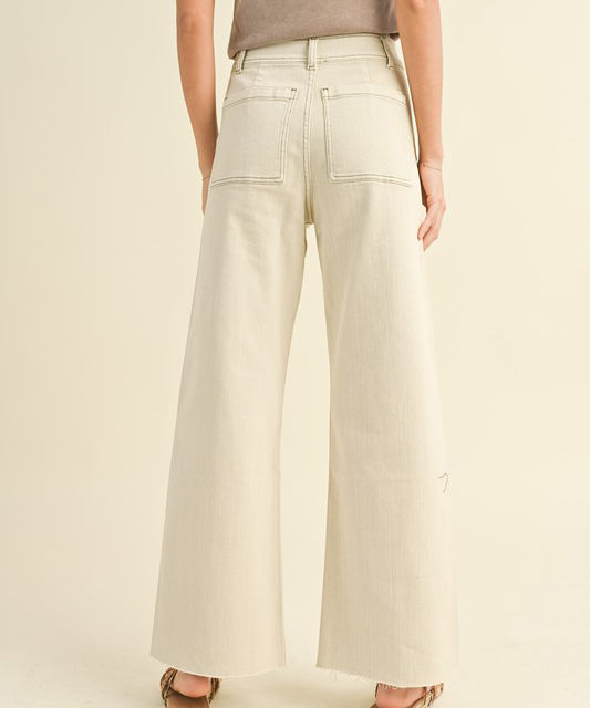 Straight Wide Leg Pants with Front Pockets - Washed Beige