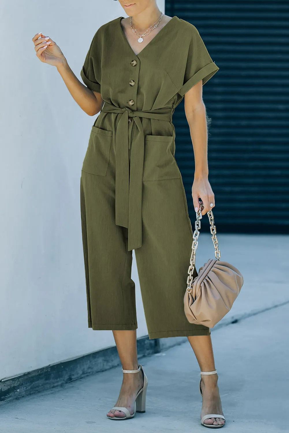 Tie-Waist Buttoned Cropped Jumpsuit