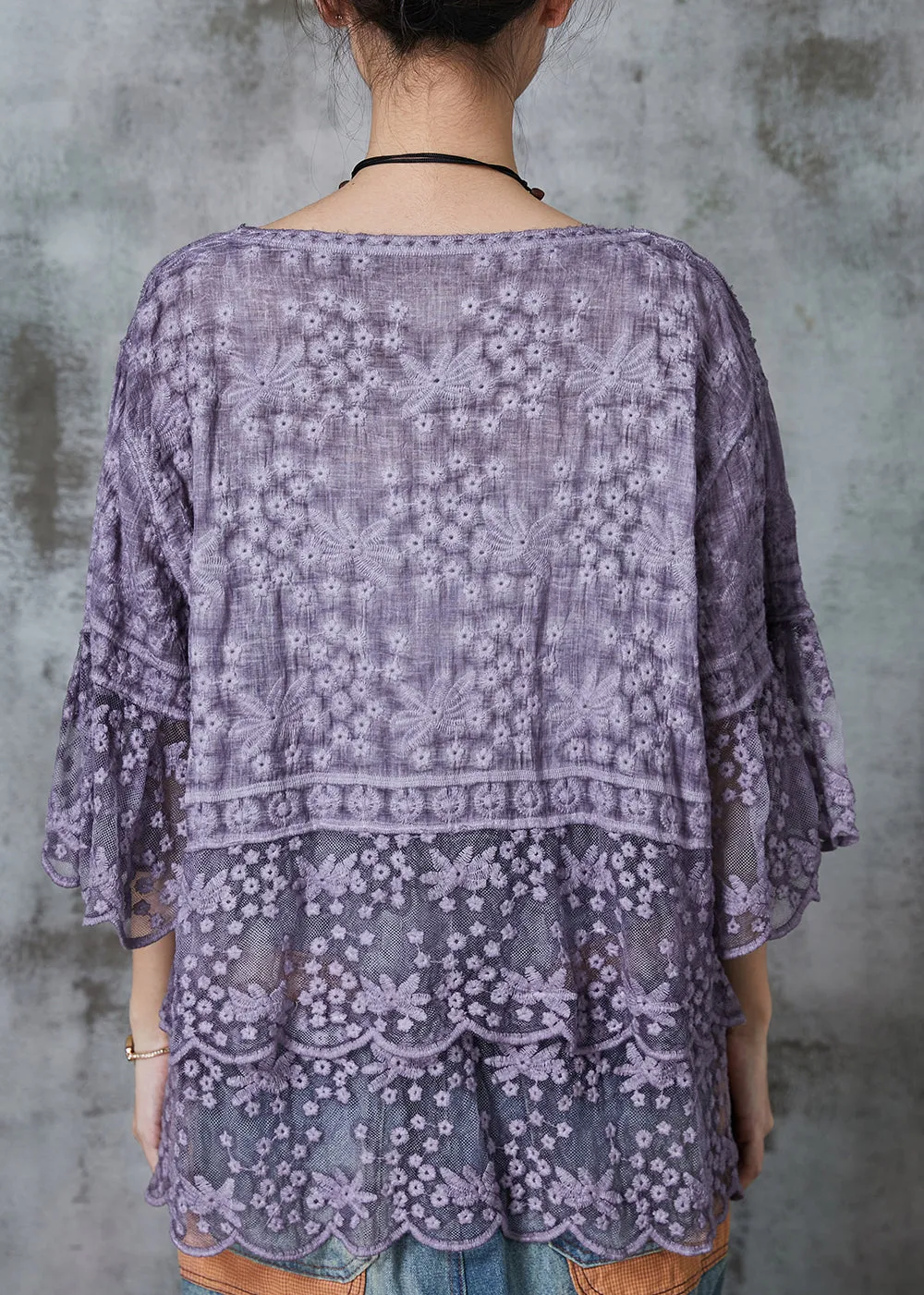 Unique Purple Embroidered Lace Tops Half Flare Sleeve