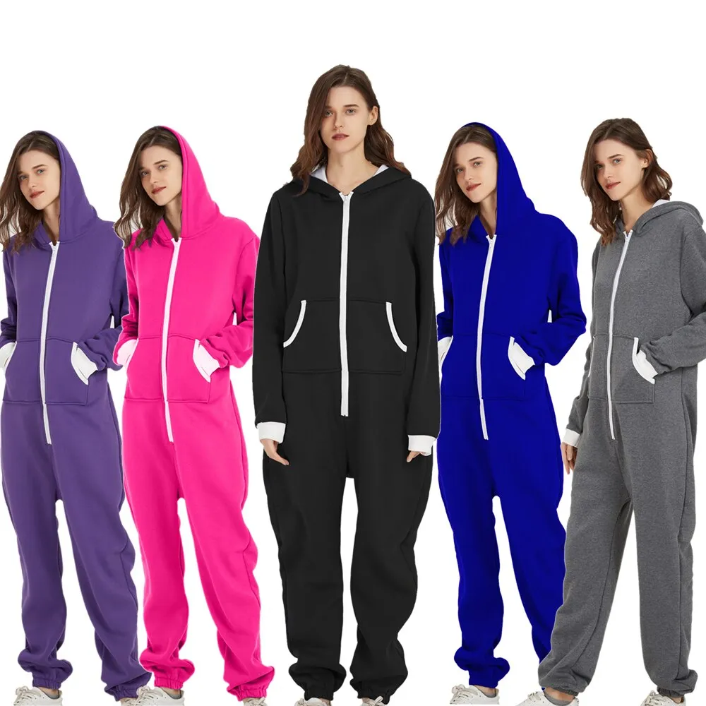 Unisex Indoor Loungewear Jumpsuits Hooded Pockets  Zipper One Piece Solid Pajamas