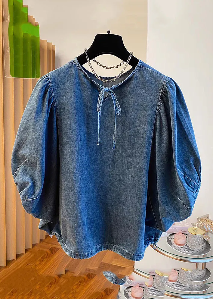 Vintage Denim Blue Patchwork Tie Lace Tops Summer