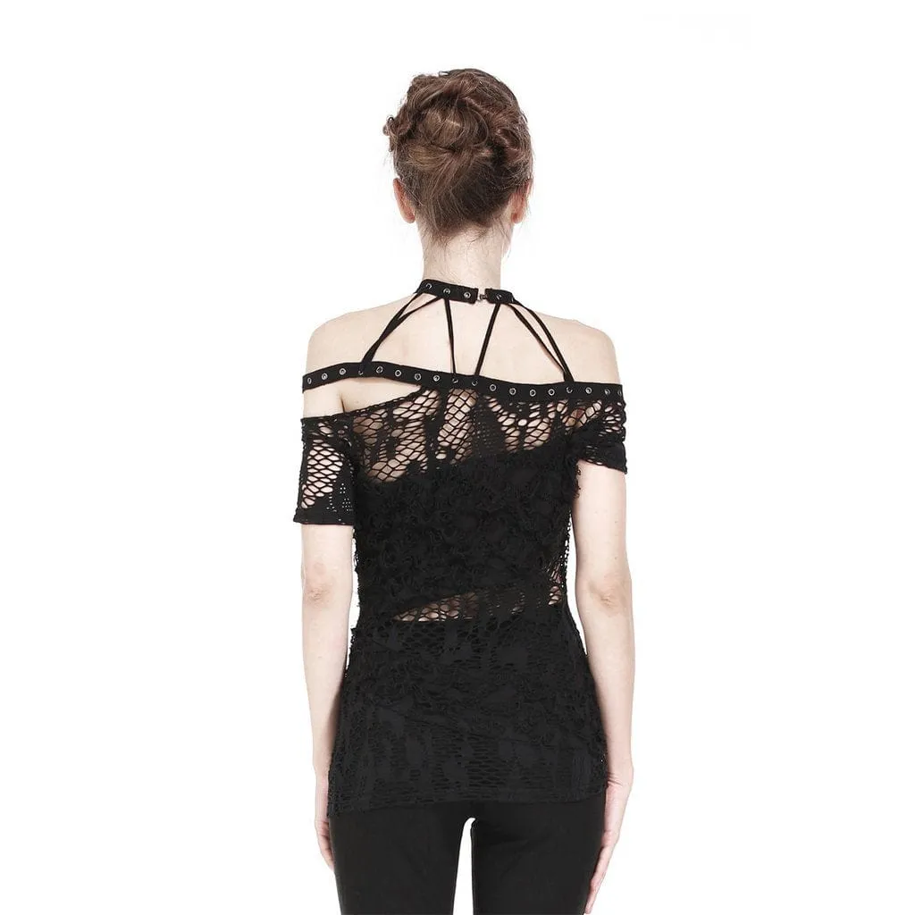 Women's Goth Halterneck Off Shoulder Floral Sheer Mesh Tops