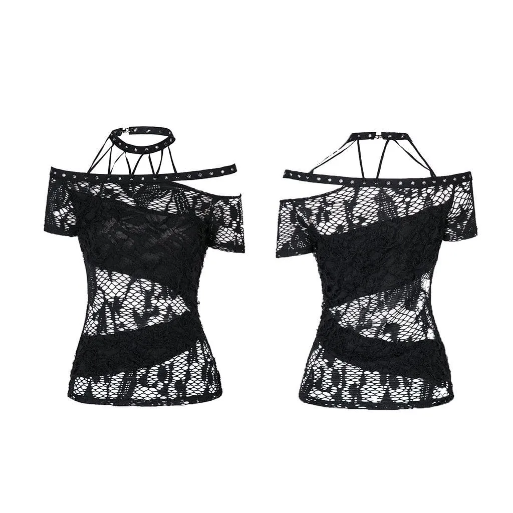 Women's Goth Halterneck Off Shoulder Floral Sheer Mesh Tops