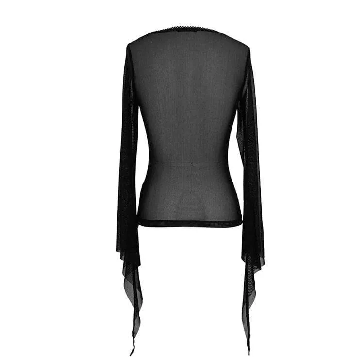 Women's Goth Sheer Flare Sleeved Mesh Tops