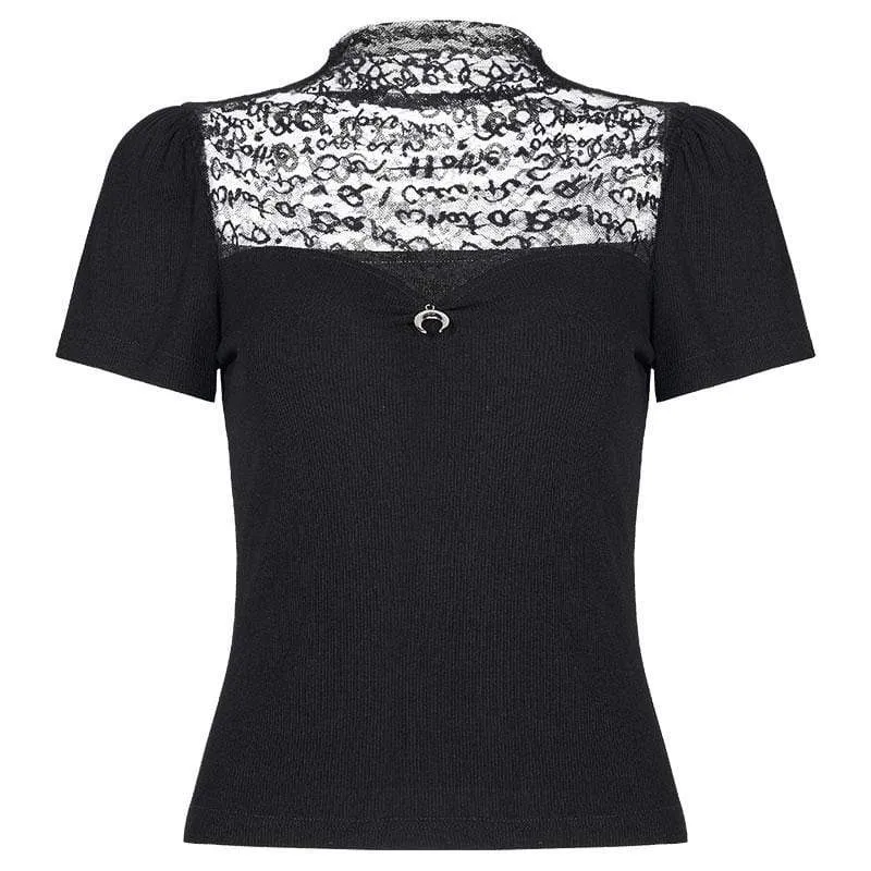 Women's Goth Short Sleeved Black Lace Tops