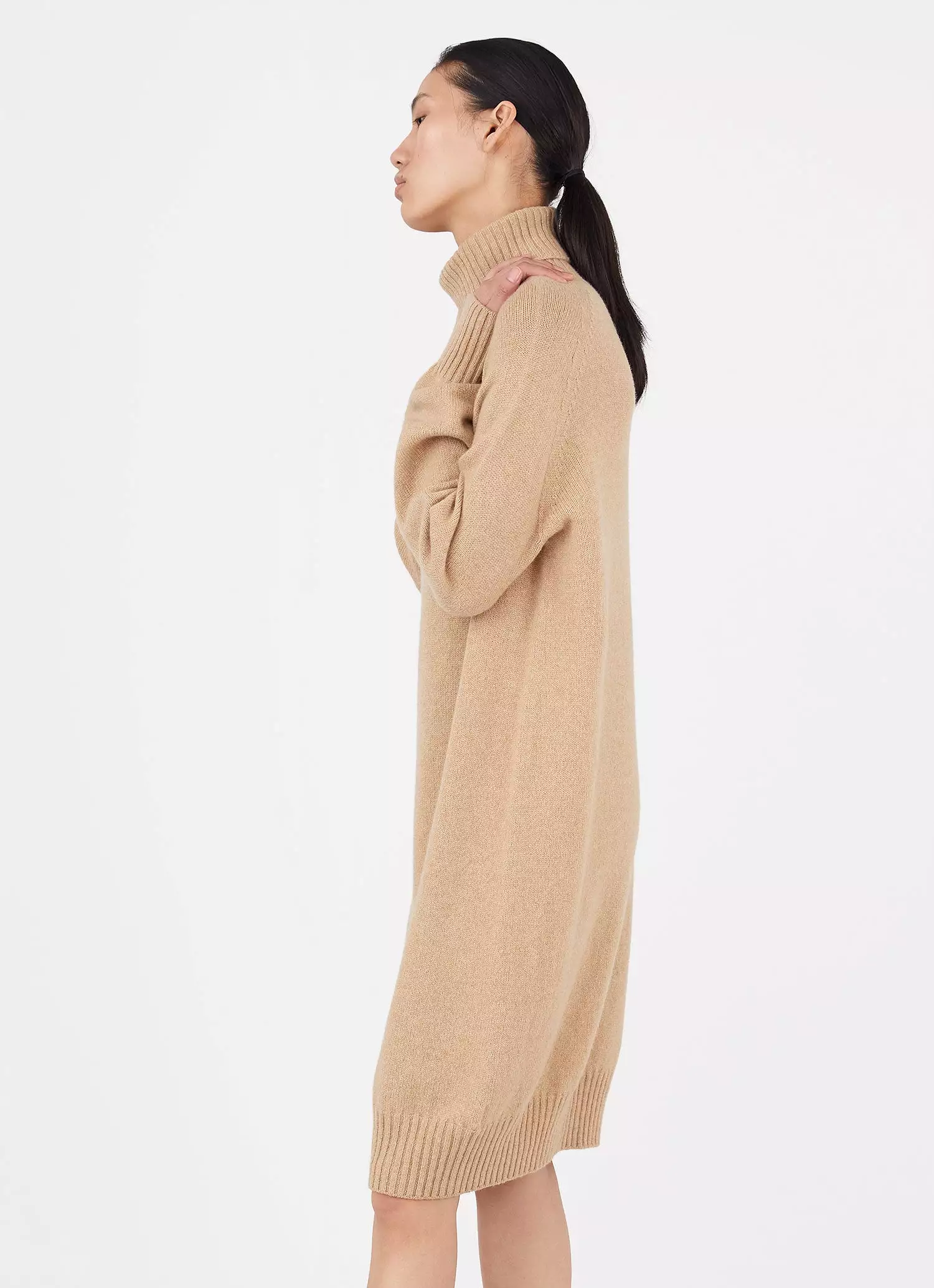 Women's Lambswool Roll Neck Dress in Light Camel