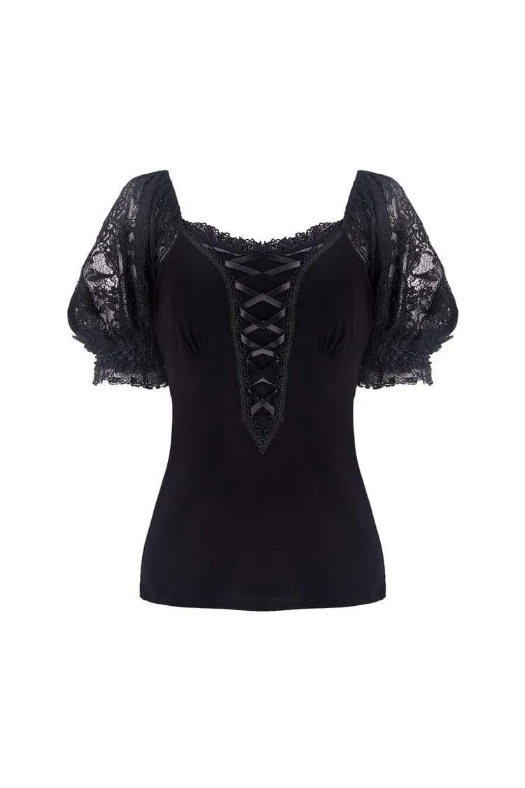 Women's Lolita Lacing Puff Short Sleeved Lace Tops