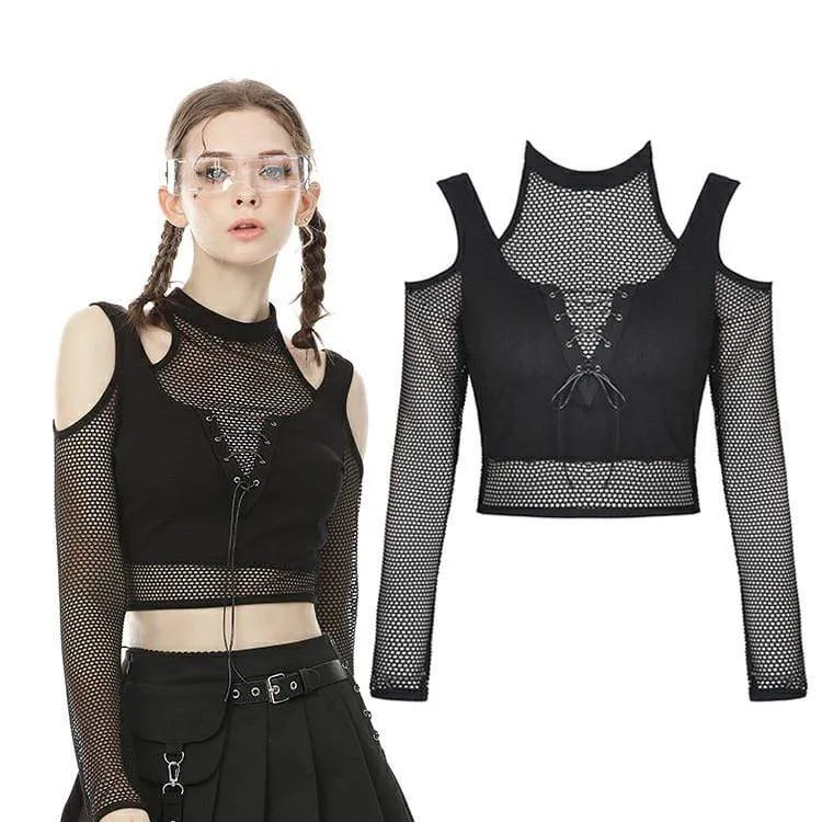 Women's Punk Cutout Shoulder Sheer Mesh Tops