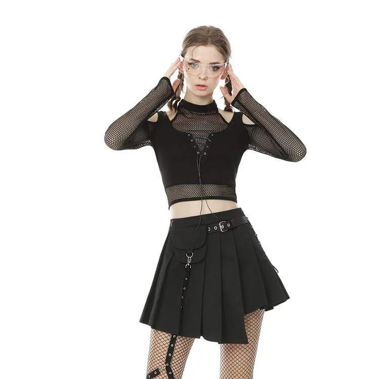 Women's Punk Cutout Shoulder Sheer Mesh Tops