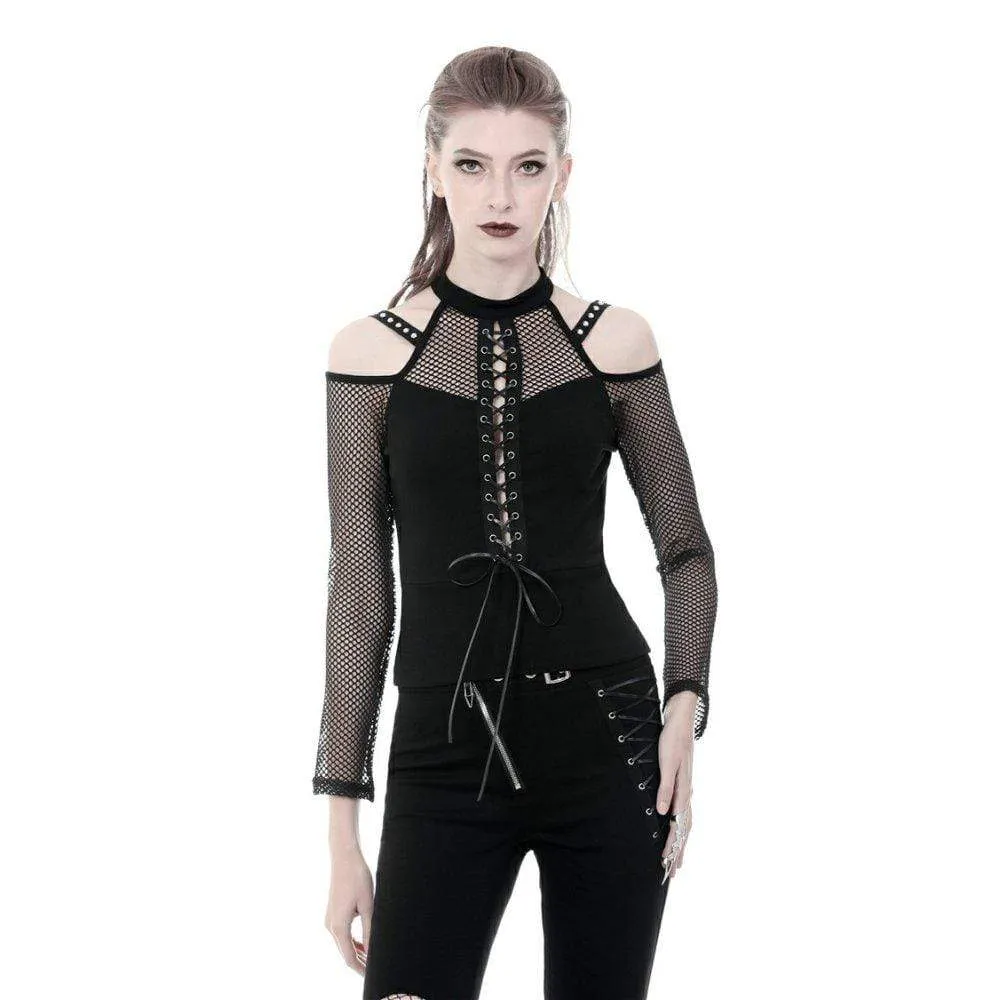 Women's Punk Lace-up Front Off-shoulder Mesh Tops