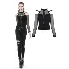 Women's Punk Lace-up Front Off-shoulder Mesh Tops