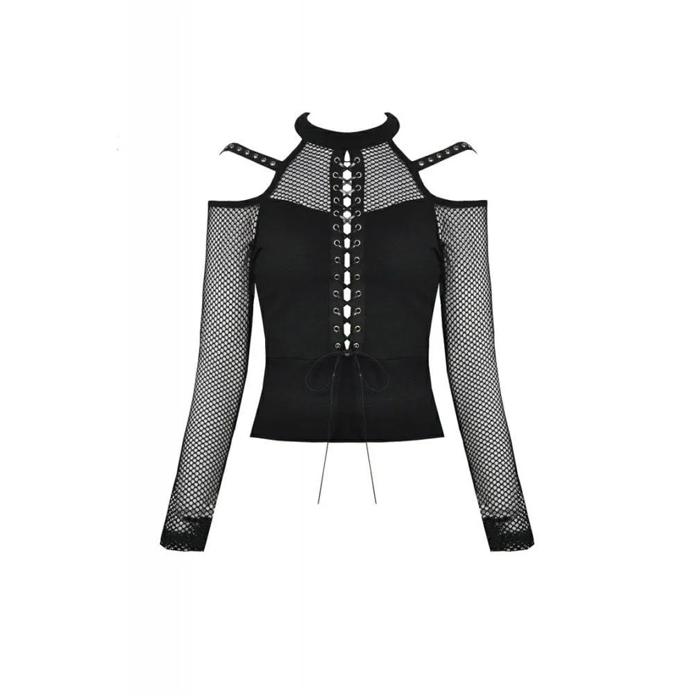 Women's Punk Lace-up Front Off-shoulder Mesh Tops