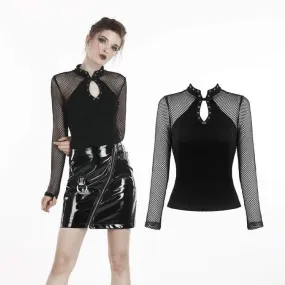 Women's Punk Mandarin Collar Long Sleeved Mesh Tops