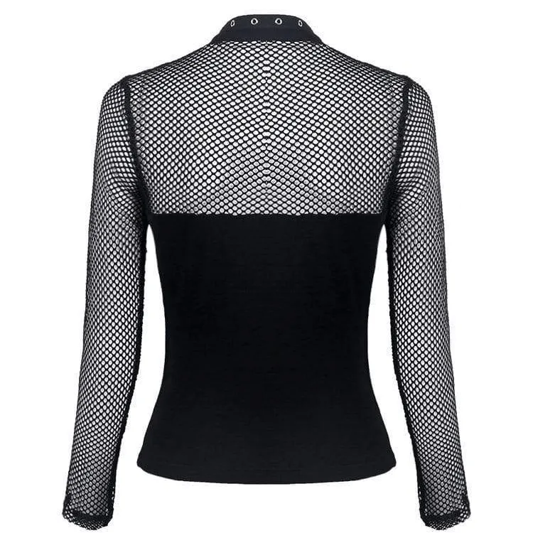 Women's Punk Mandarin Collar Long Sleeved Mesh Tops