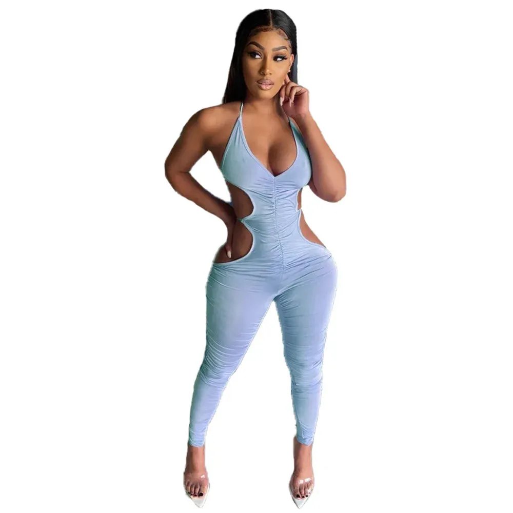 Women's Sexy Summer Cut-Out Halter Backless Solid Color Skinny Romper