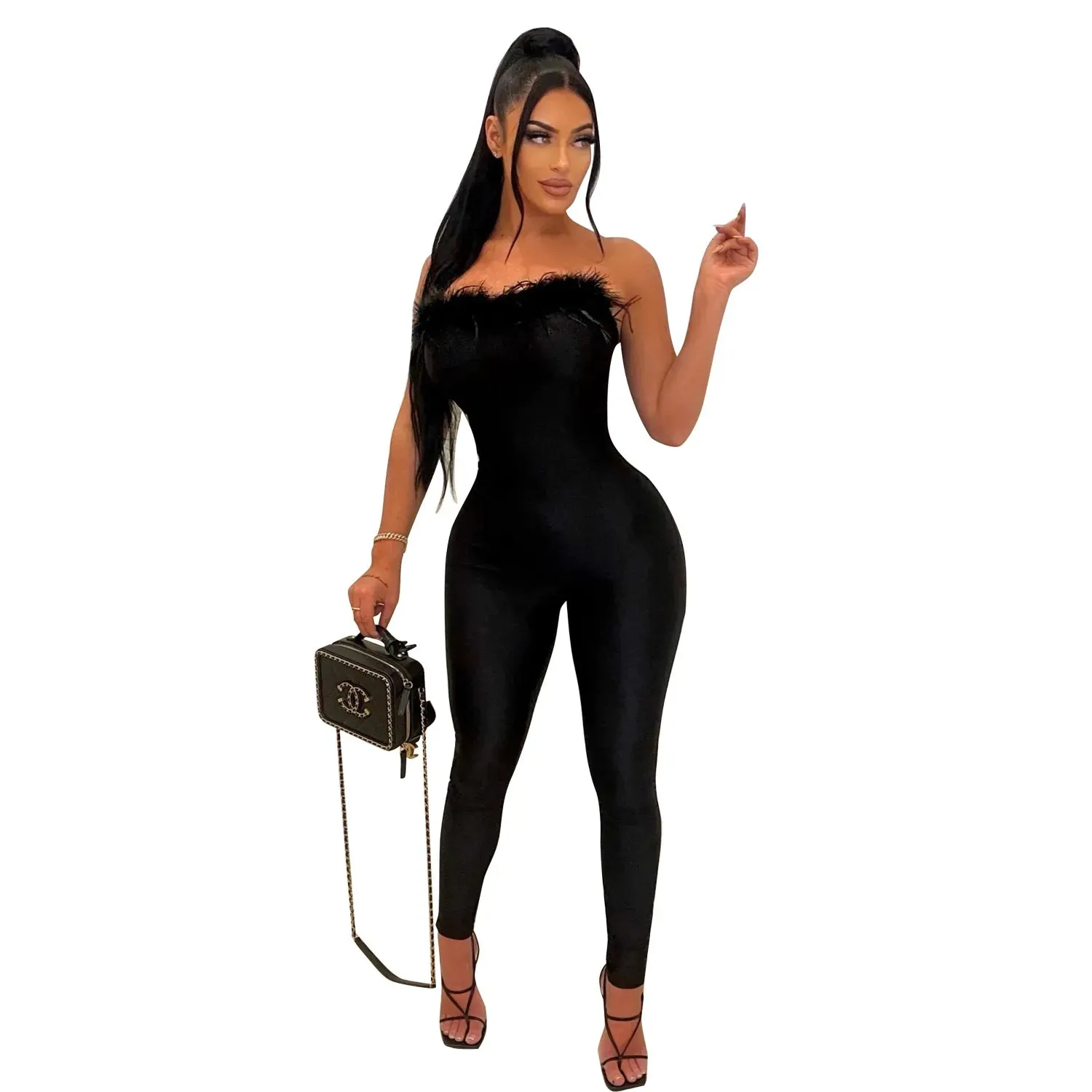 Women's Summer Fashion Strapless Feather Patchwork Streetwear Jumpsuit