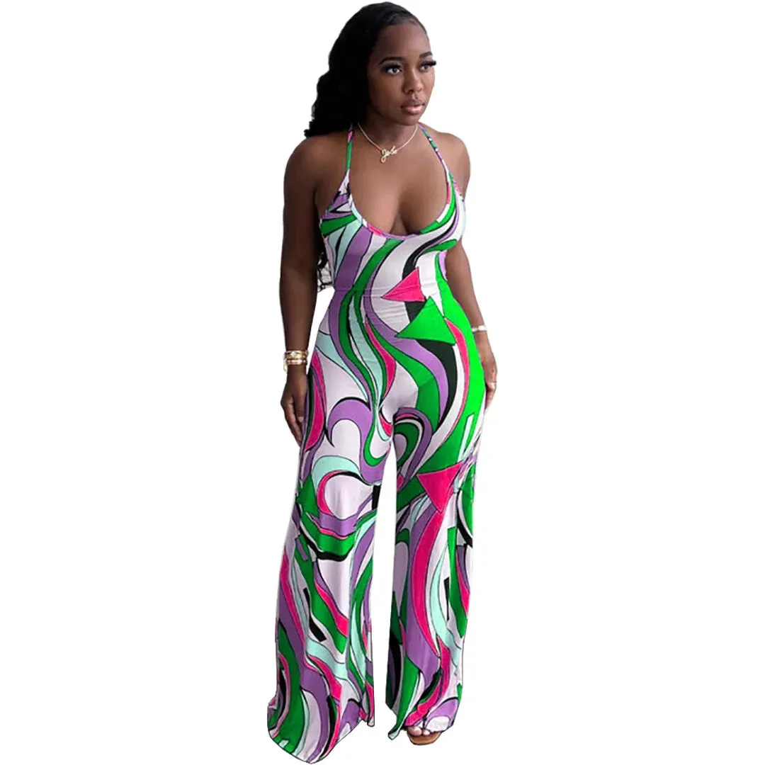 Women's Summer Geometry Print Spaghetti Strap Wide Leg Backless Jumpsuit