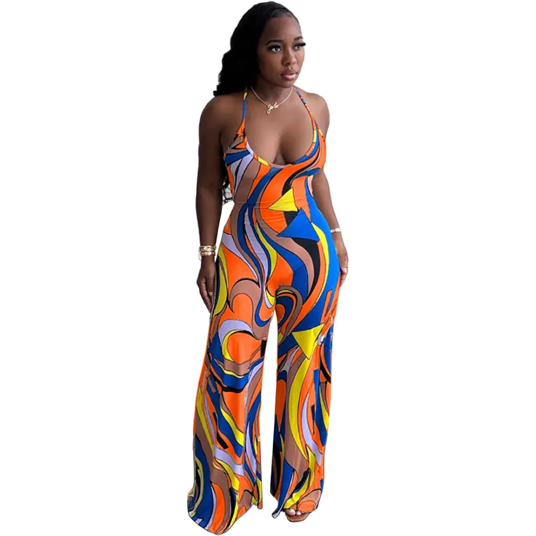 Women's Summer Geometry Print Spaghetti Strap Wide Leg Backless Jumpsuit