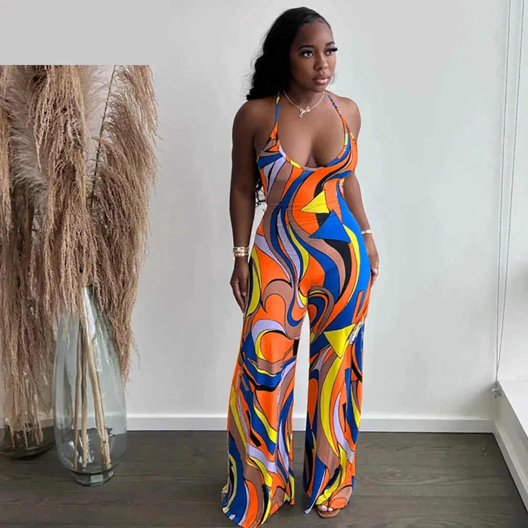 Women's Summer Geometry Print Spaghetti Strap Wide Leg Backless Jumpsuit