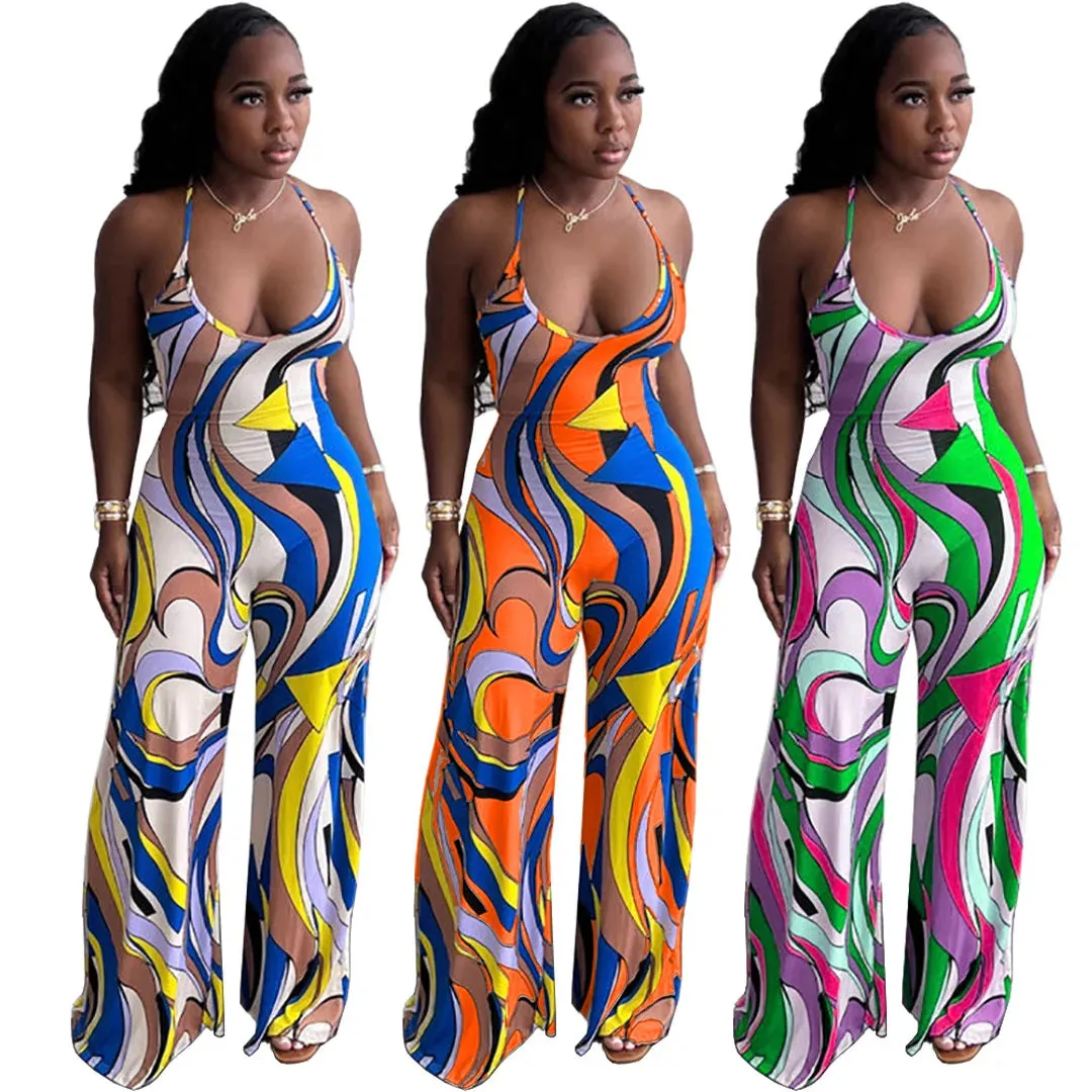 Women's Summer Geometry Print Spaghetti Strap Wide Leg Backless Jumpsuit