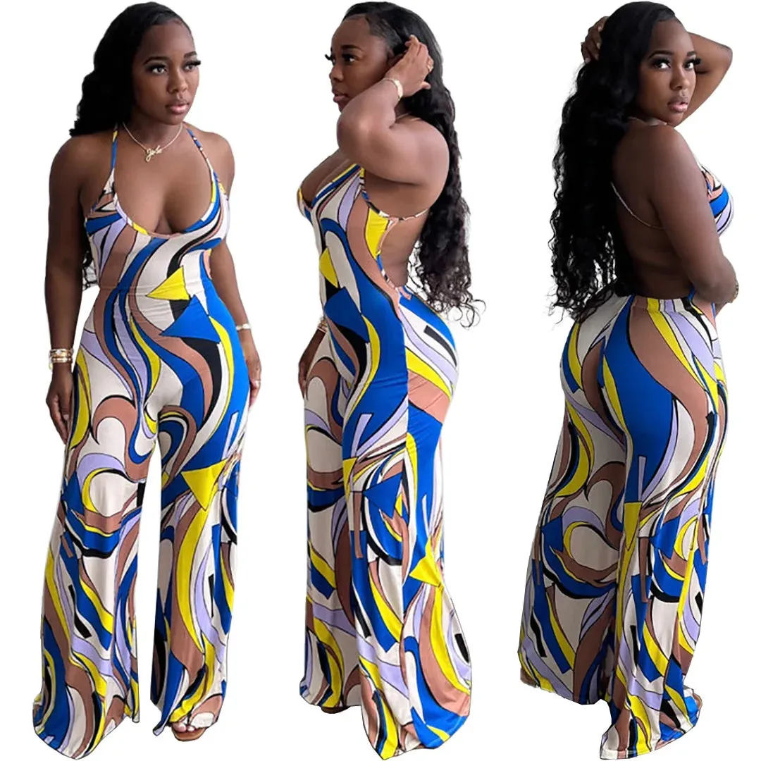 Women's Summer Geometry Print Spaghetti Strap Wide Leg Backless Jumpsuit